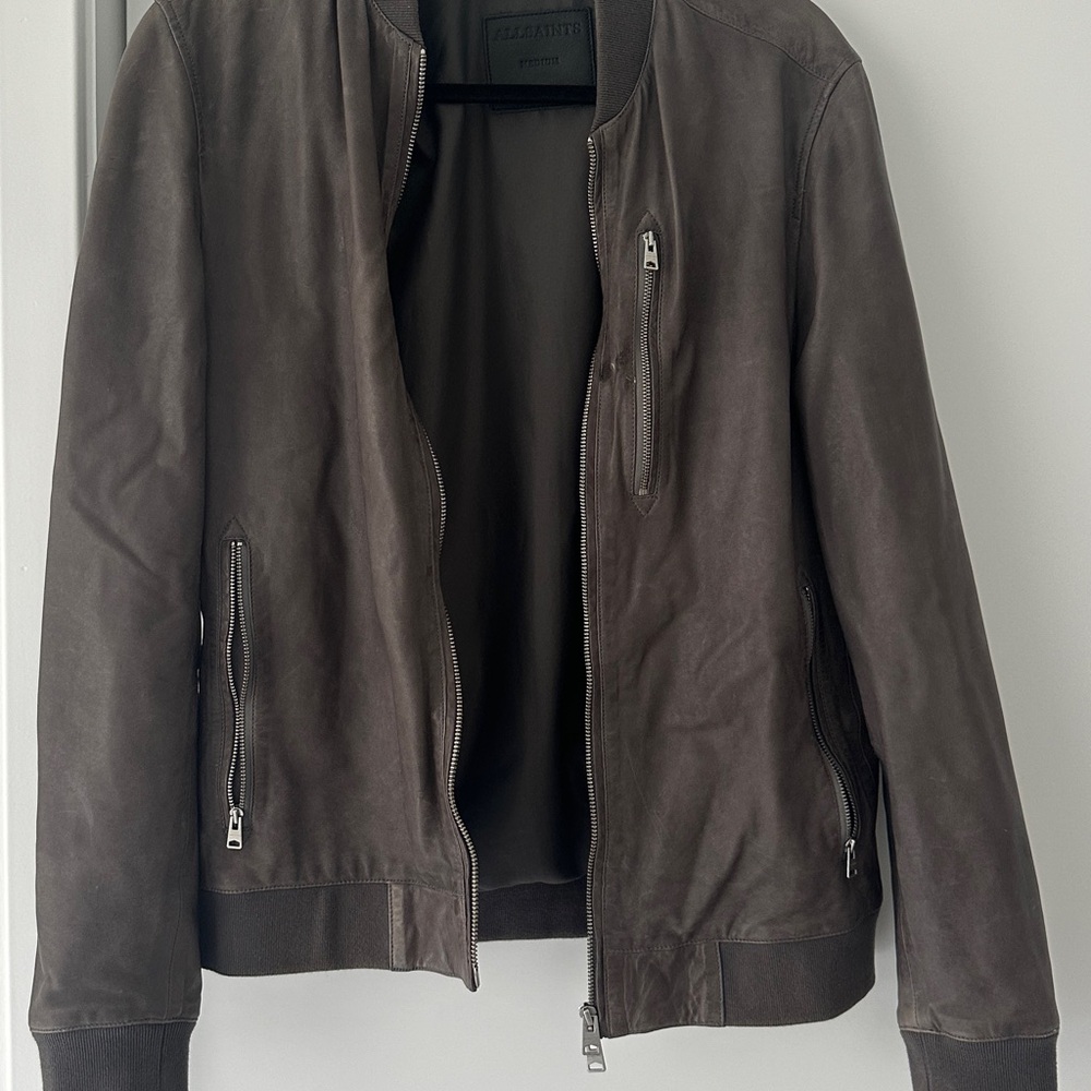 All Saints Brown Bomber Jacket with Stand-Up Collar